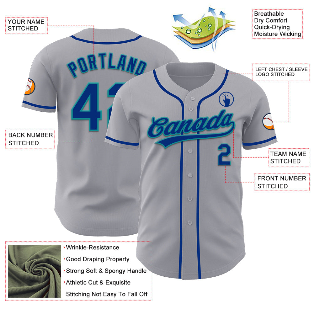 Custom Gray Royal-Teal Authentic Baseball Jersey