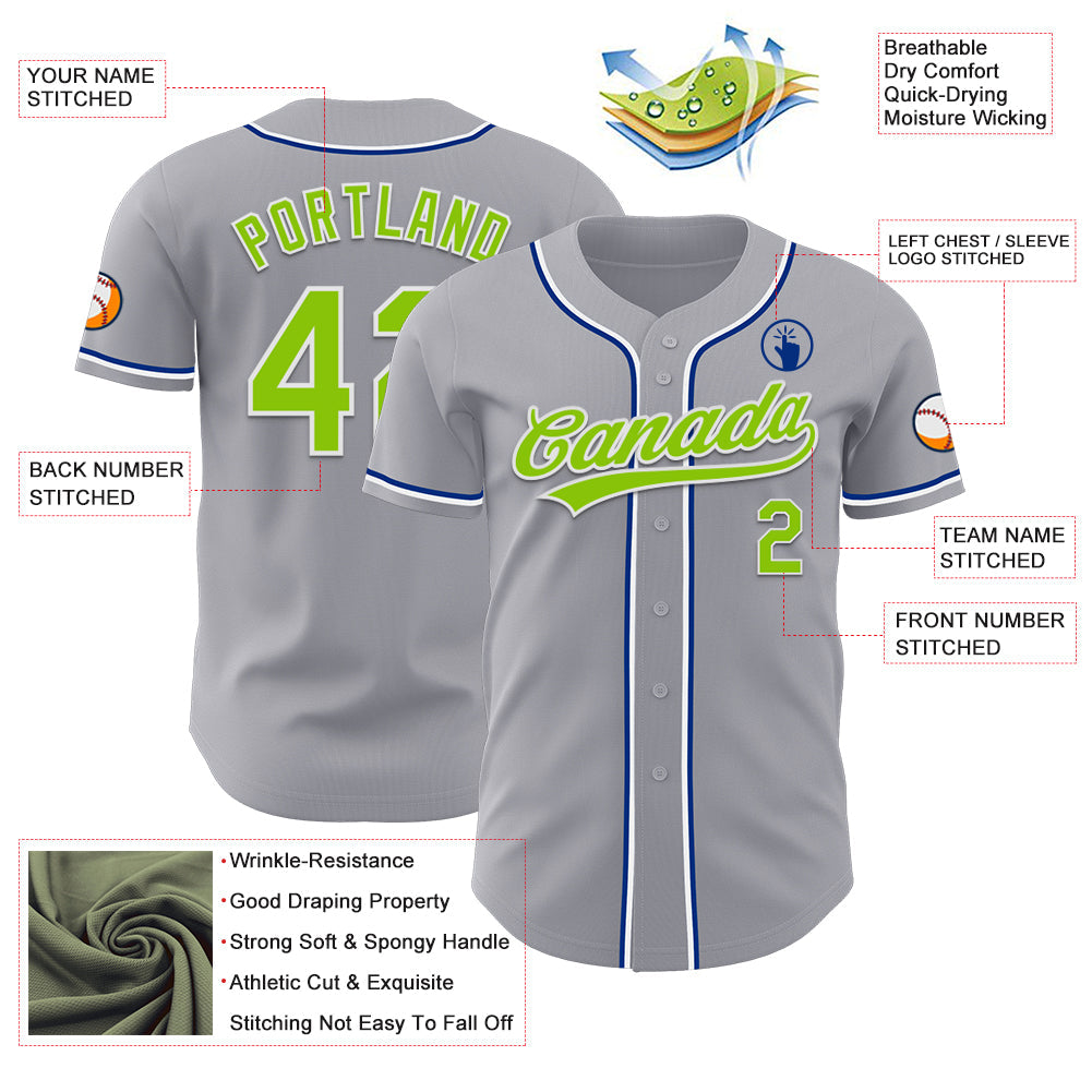 Custom Gray Neon Green Royal-White Authentic Baseball Jersey