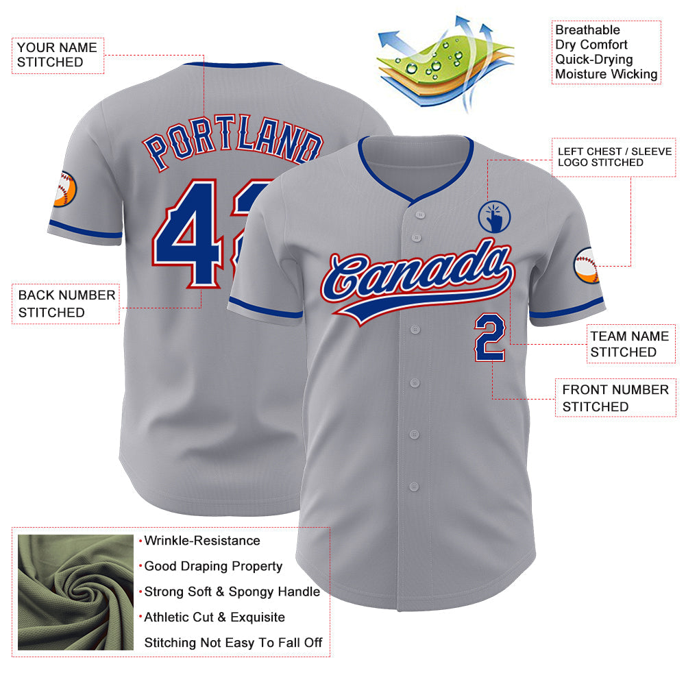 Custom Gray Royal White-Red Authentic Baseball Jersey