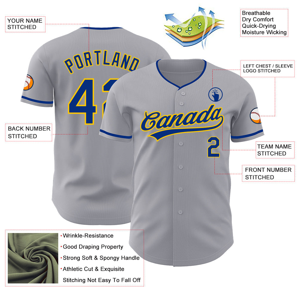 Custom Gray Royal-Yellow Authentic Baseball Jersey