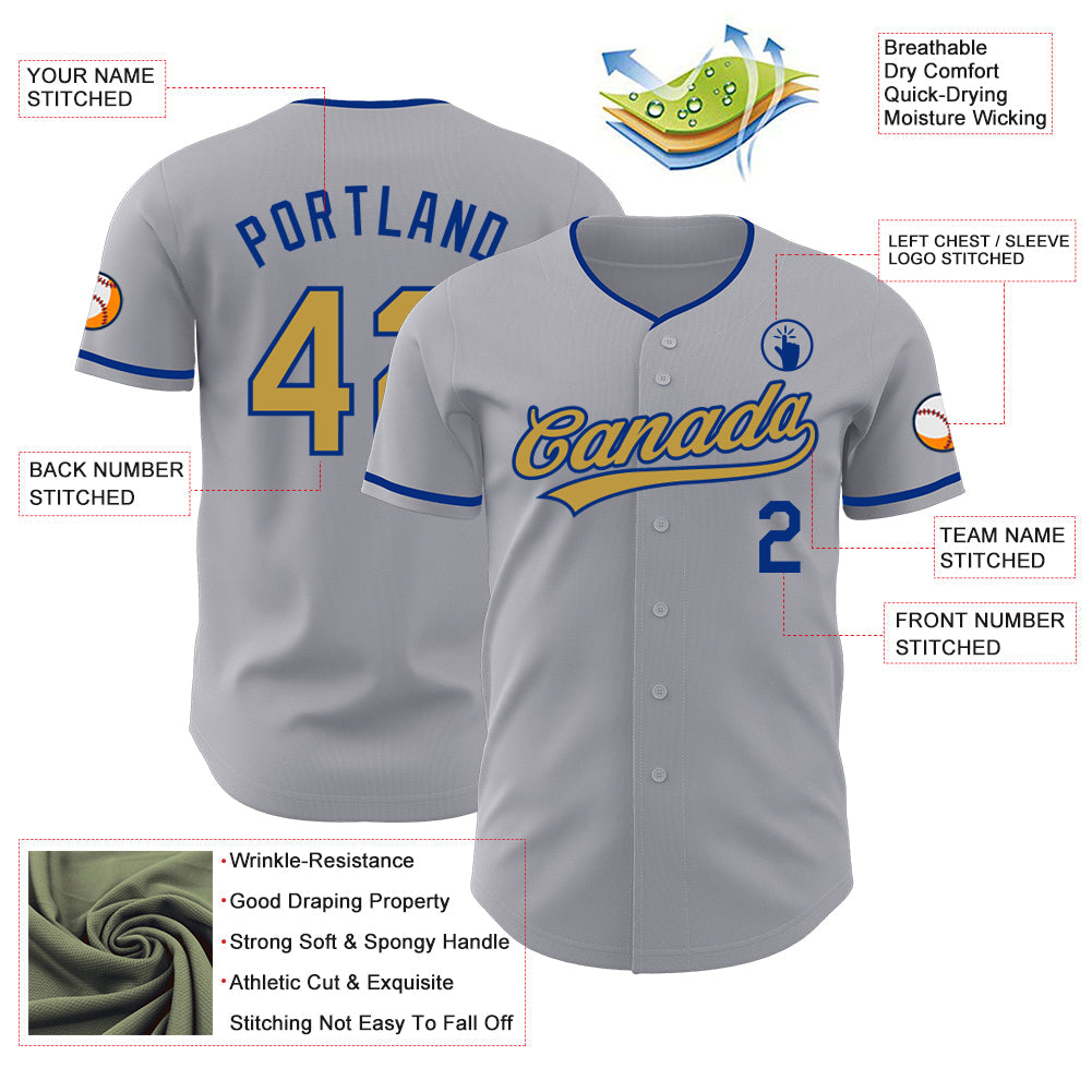 Custom Gray Old Gold-Royal Authentic Baseball Jersey