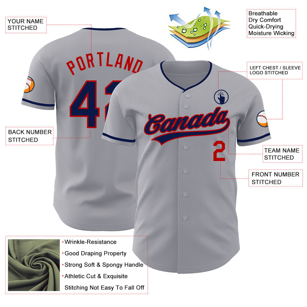 Custom Gray Navy-Red Authentic Baseball Jersey