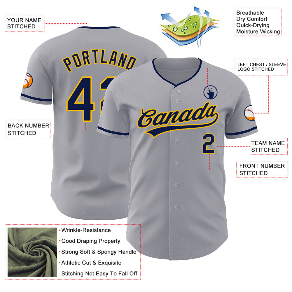 Custom Gray Navy-Gold Authentic Baseball Jersey