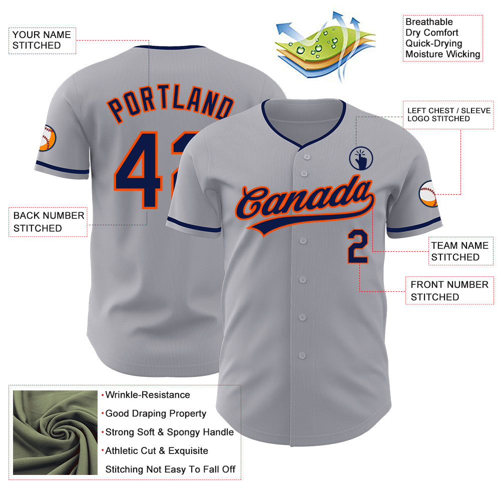 Custom Gray Navy-Orange Authentic Baseball Jersey