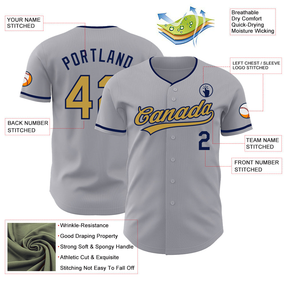 Custom Gray Old Gold-Navy Authentic Baseball Jersey