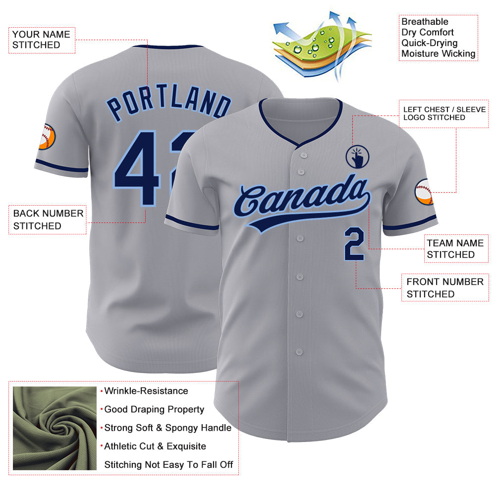 Custom Gray Navy-Light Blue Authentic Baseball Jersey