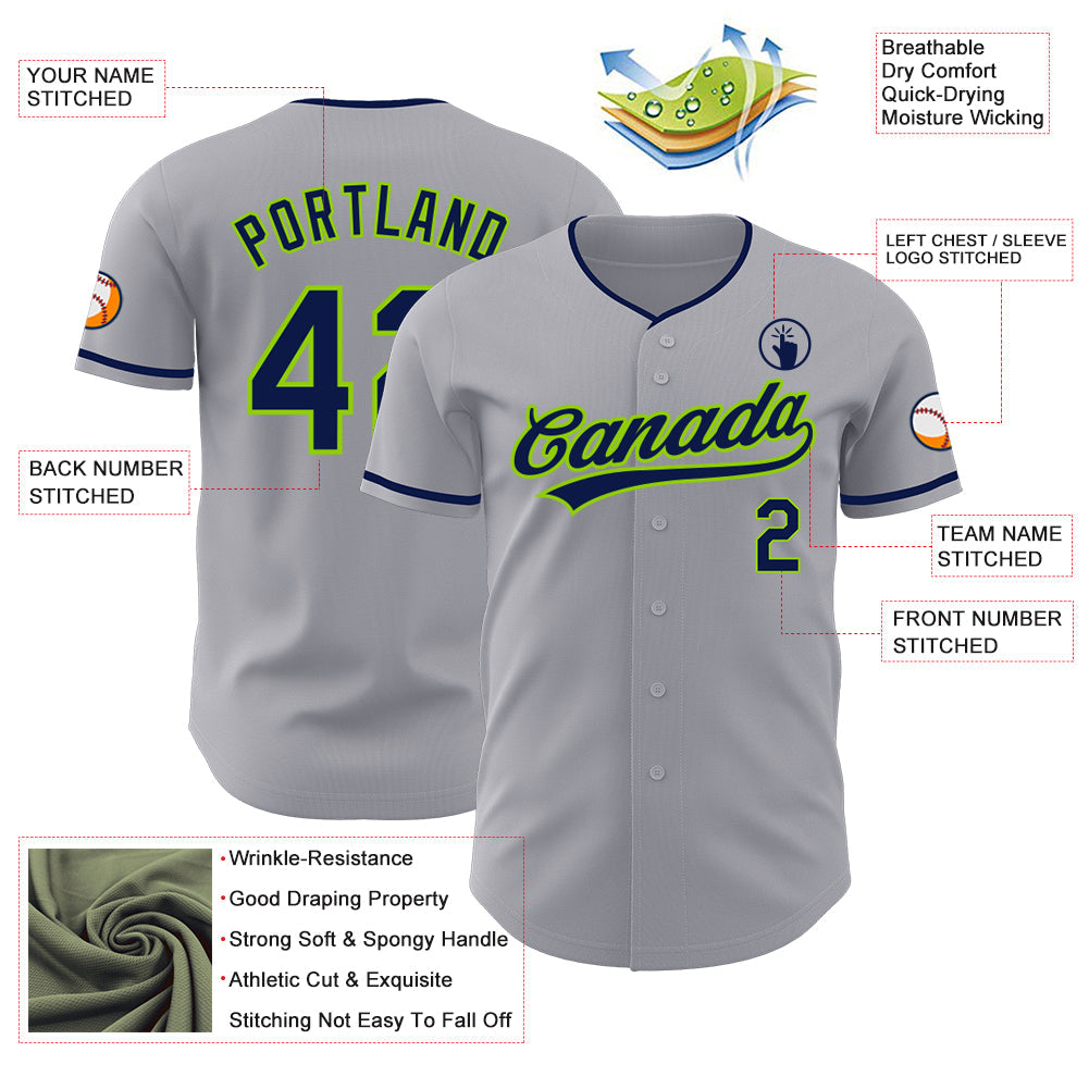 Custom Gray Navy-Neon Green Authentic Baseball Jersey
