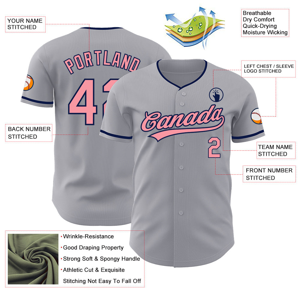 Custom Gray Medium Pink-Navy Authentic Baseball Jersey