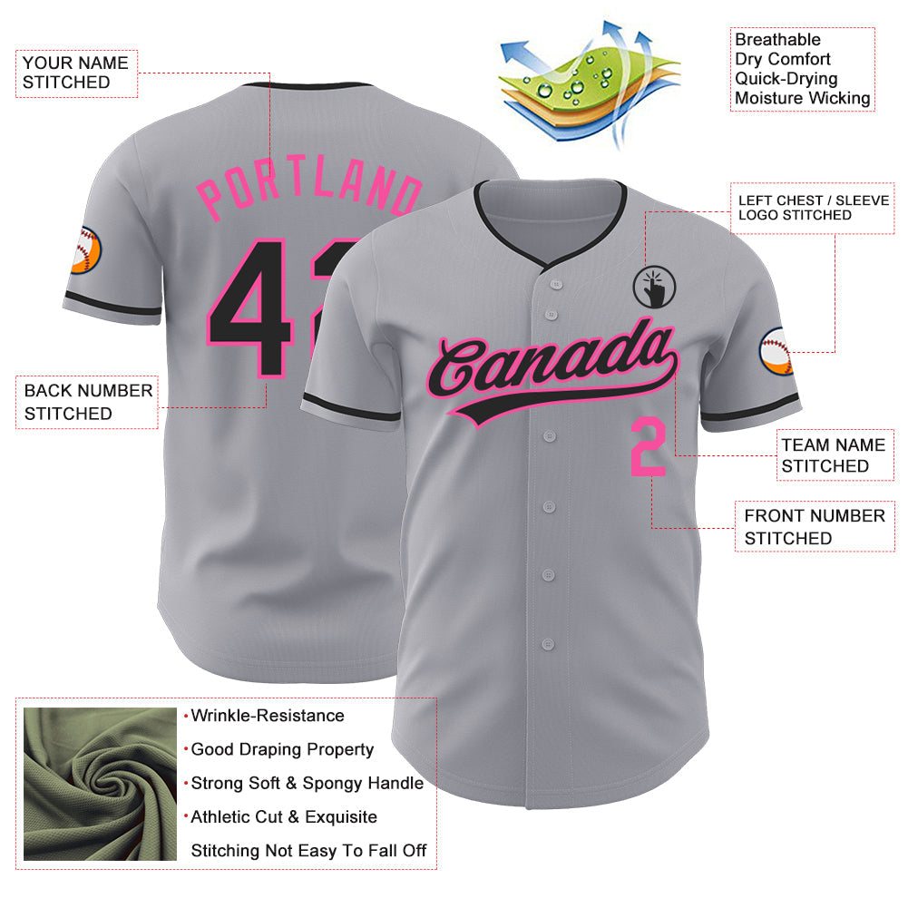 Custom Gray Black-Pink Authentic Baseball Jersey