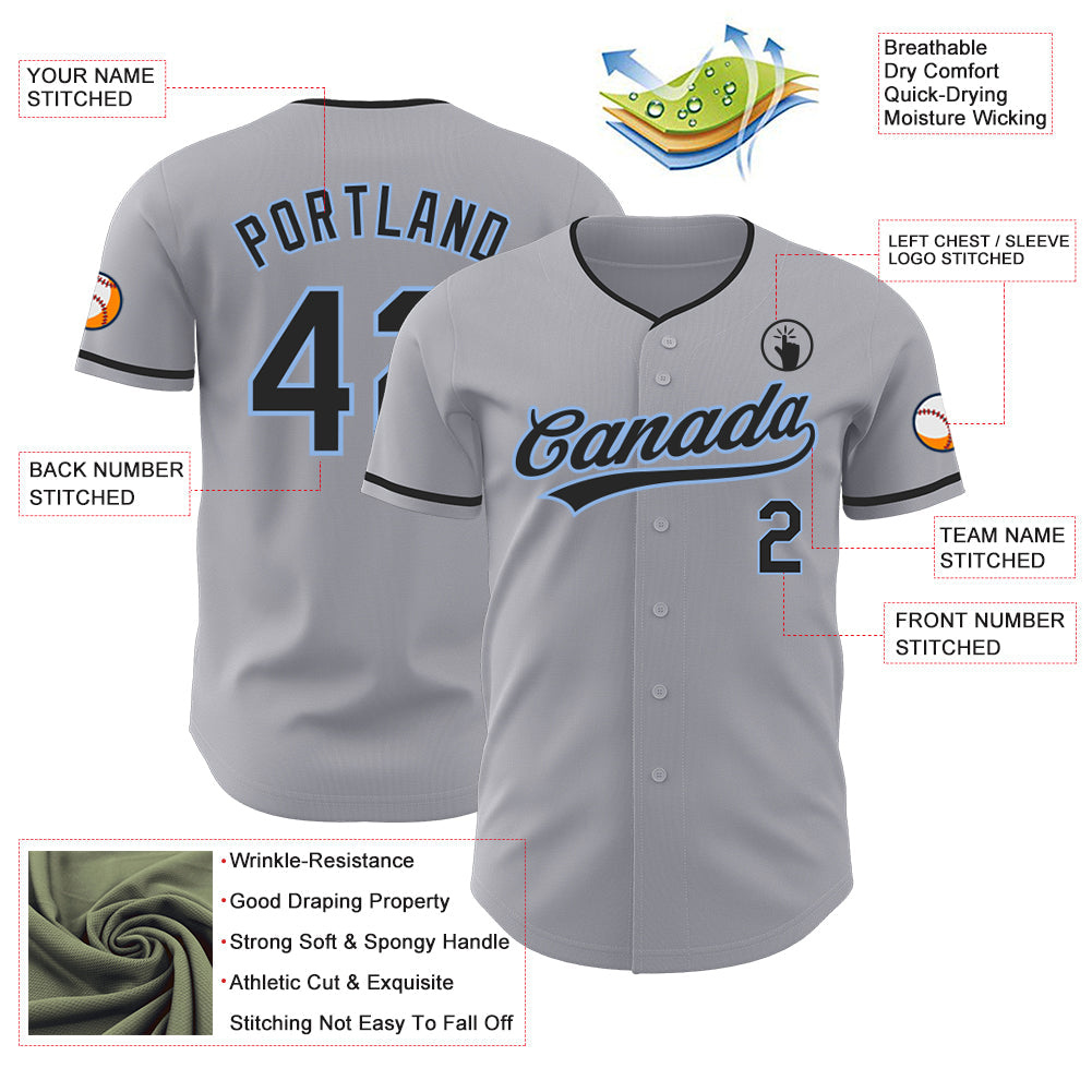Custom Gray Black-Light Blue Authentic Baseball Jersey