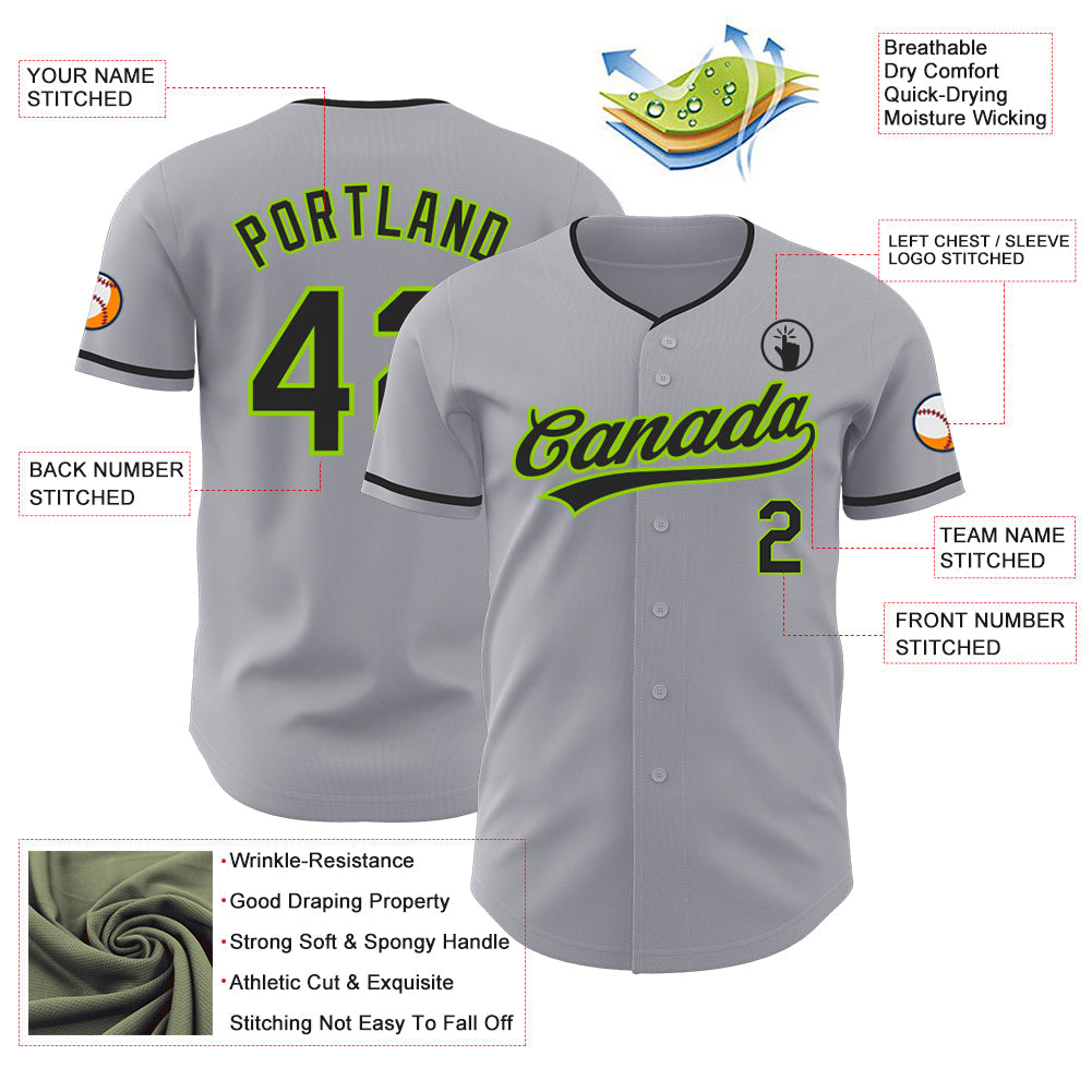 Custom Gray Black-Neon Green Authentic Baseball Jersey