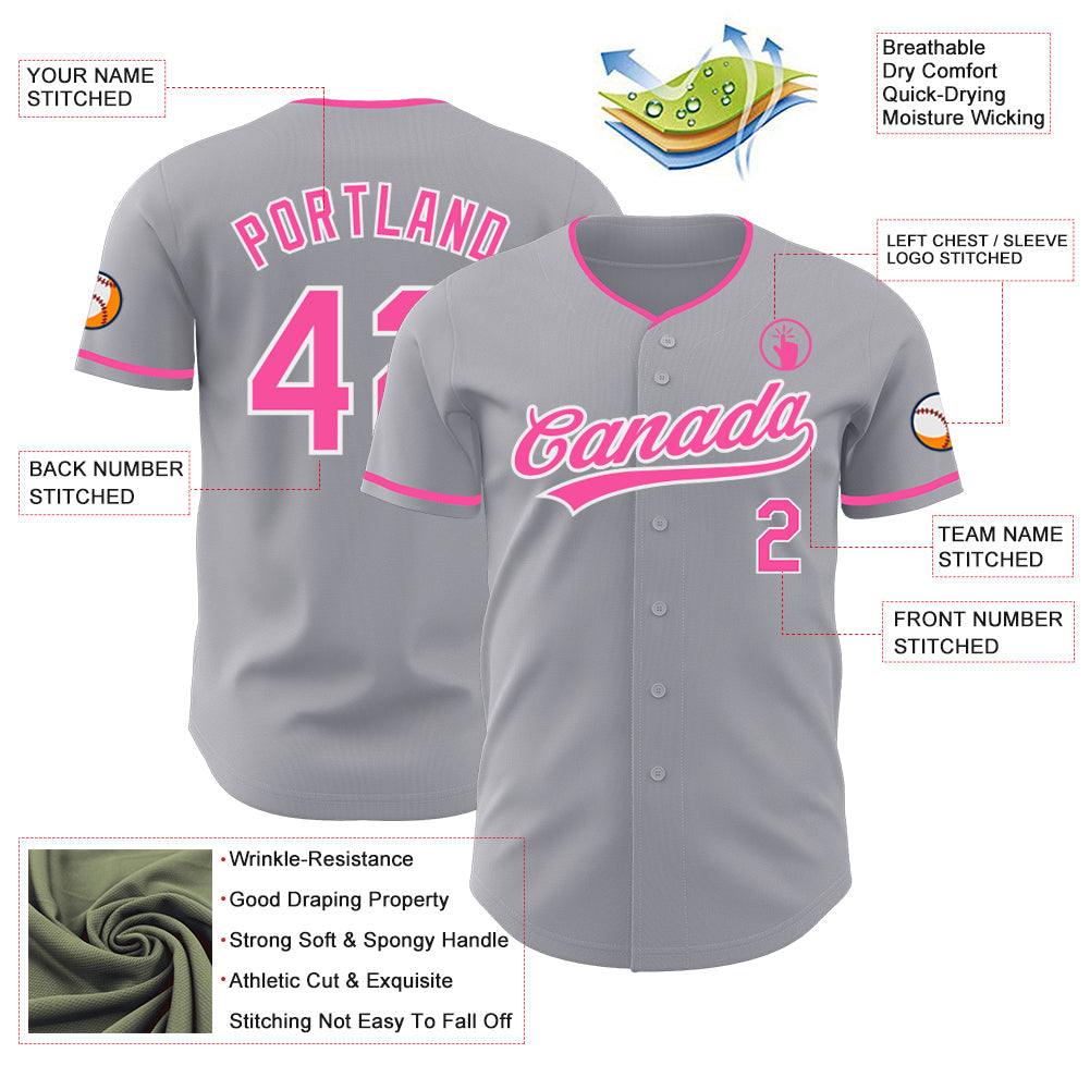 Custom Gray Pink-White Authentic Baseball Jersey