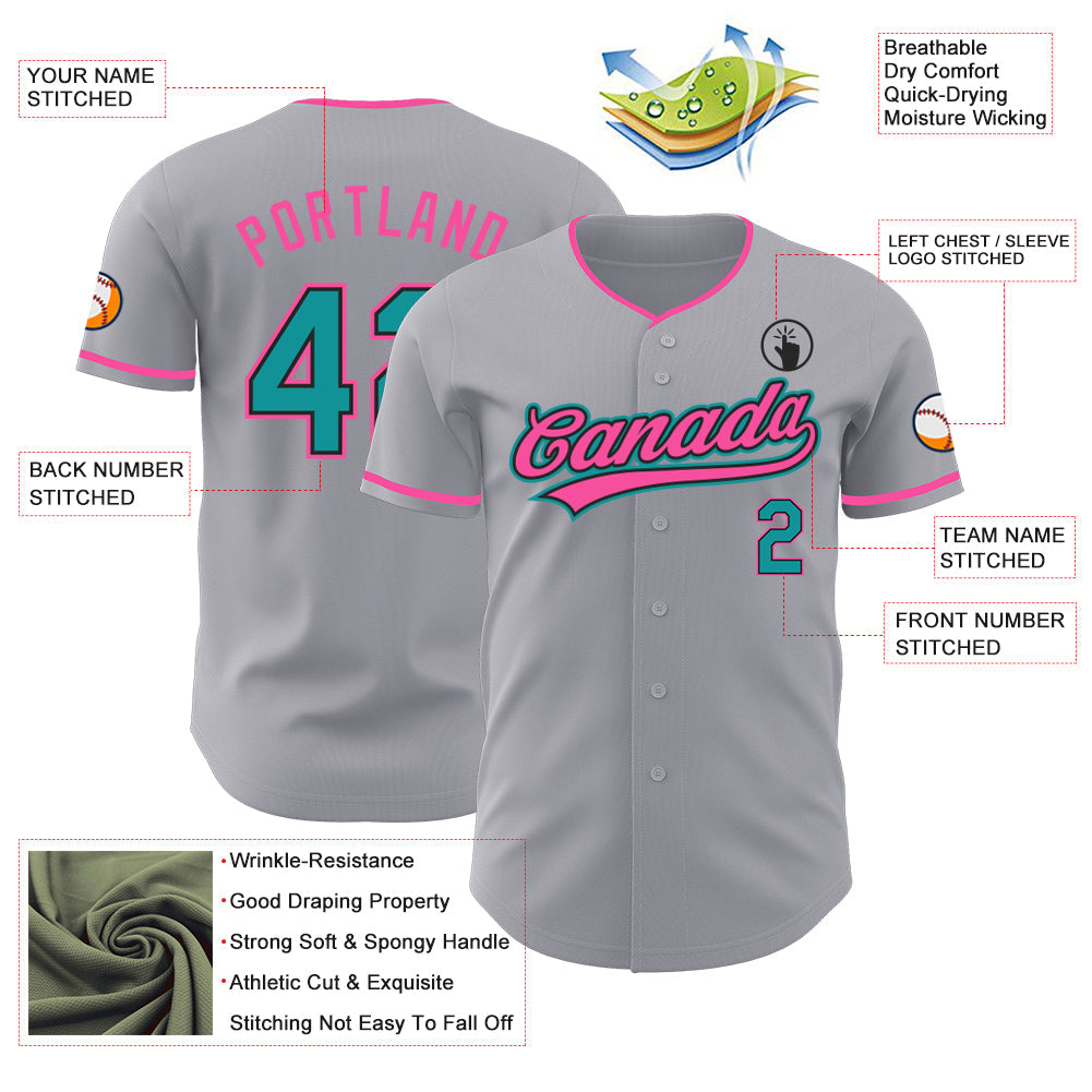 Custom Gray Teal Black-Pink Authentic Baseball Jersey