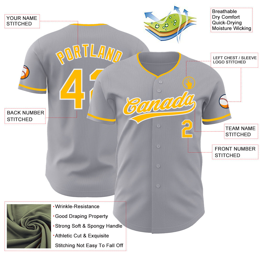 Custom Gray Gold-White Authentic Baseball Jersey