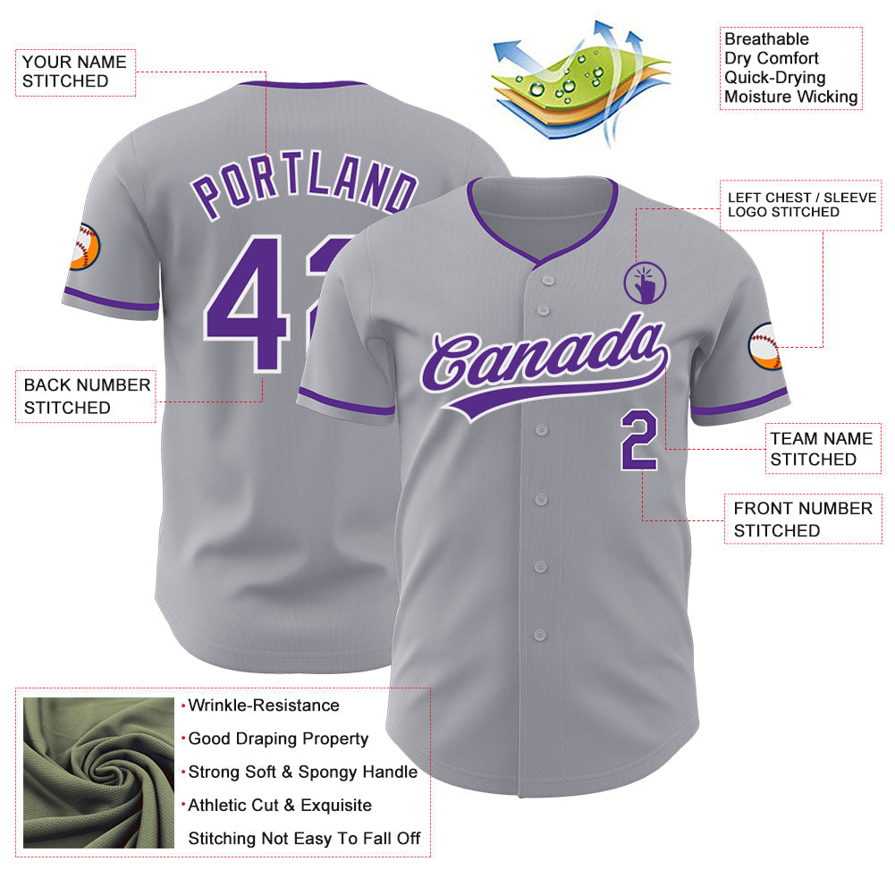 Custom Gray Purple-White Authentic Baseball Jersey
