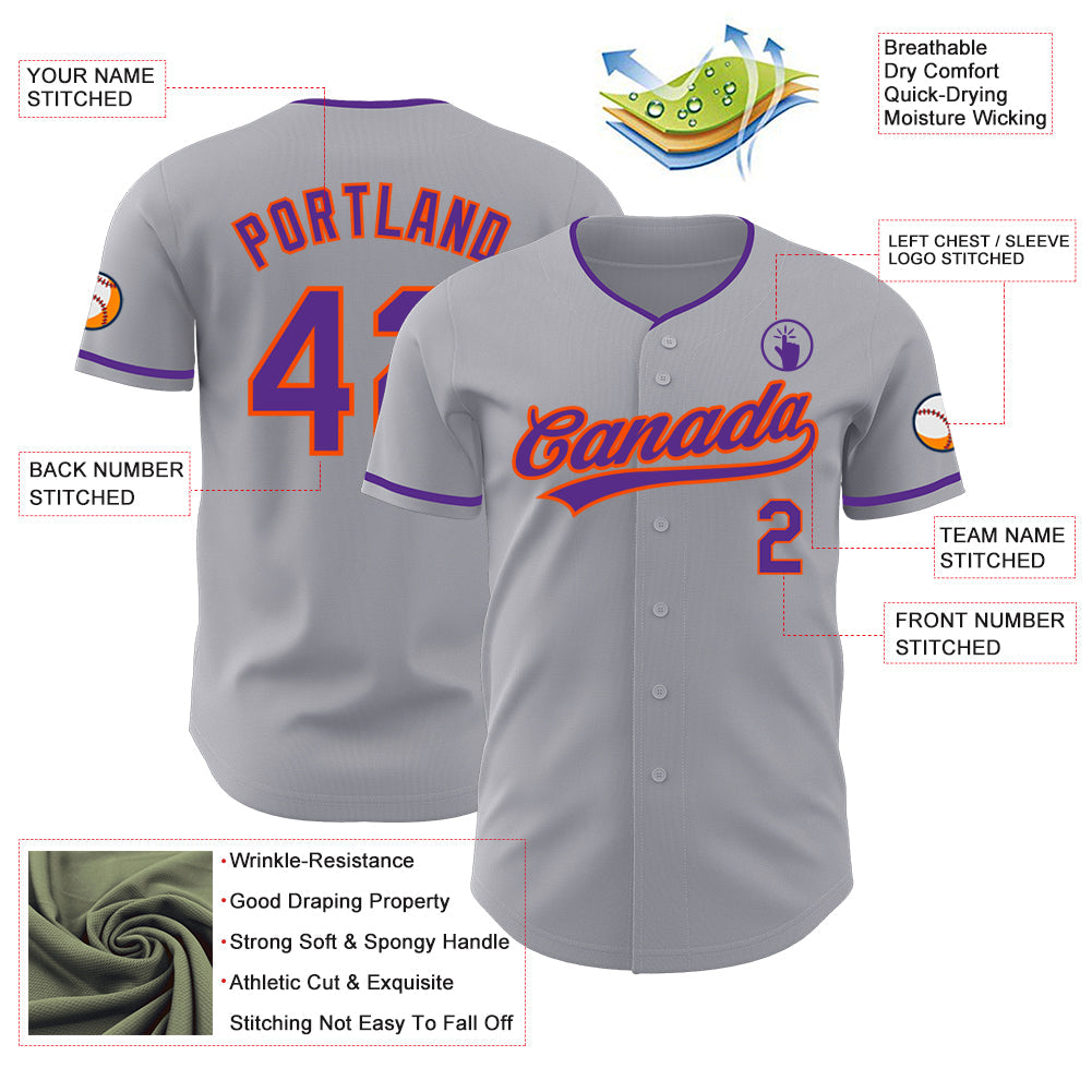 Custom Gray Purple-Orange Authentic Baseball Jersey