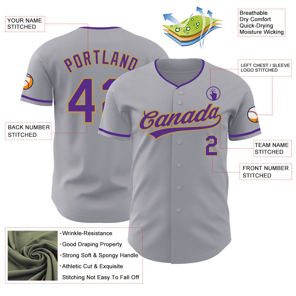 Custom Gray Purple-Old Gold Authentic Baseball Jersey