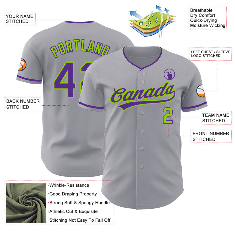 Custom Gray Purple-Neon Green Authentic Baseball Jersey