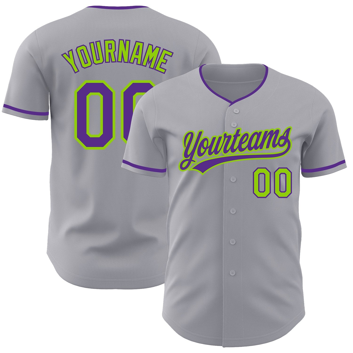 Custom Gray Purple-Neon Green Authentic Baseball Jersey