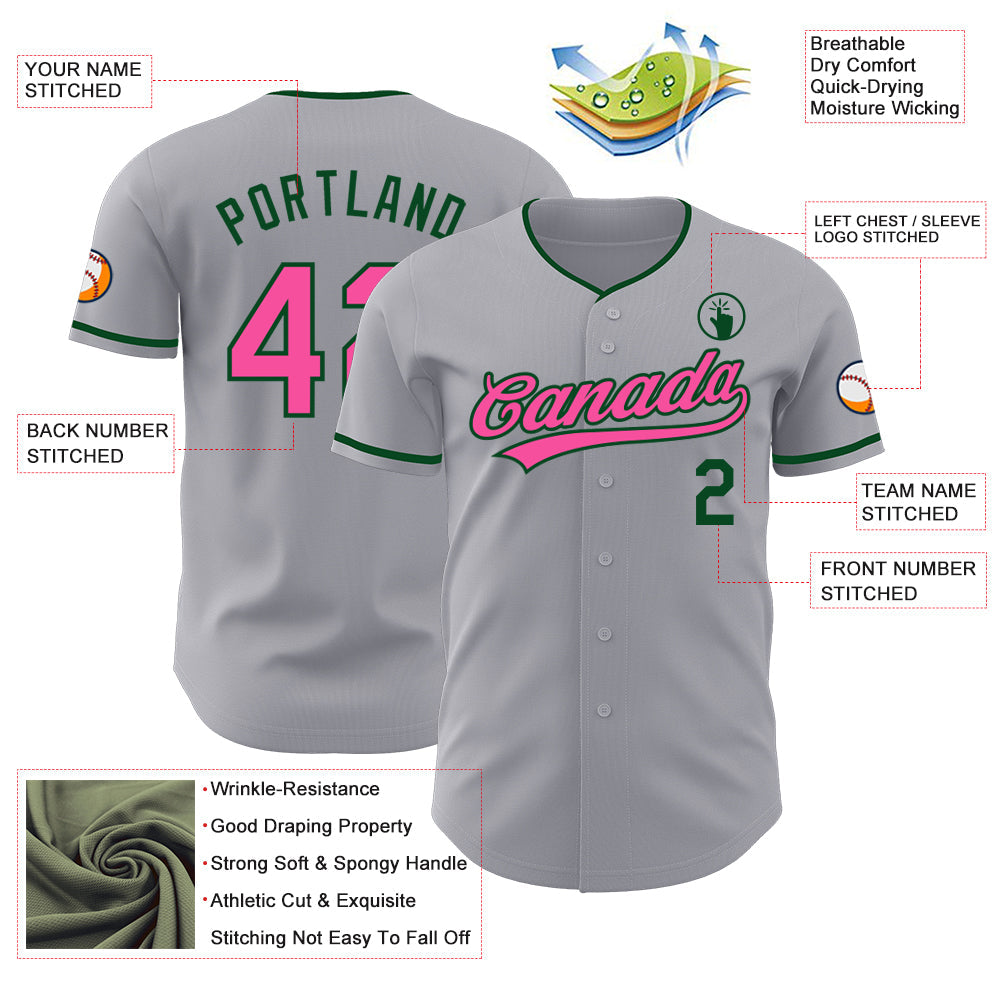 Custom Gray Pink-Green Authentic Baseball Jersey