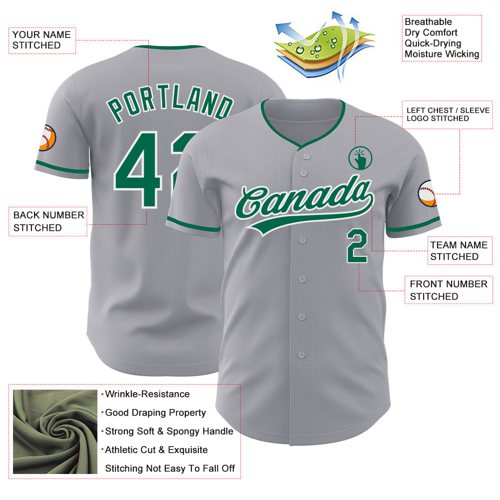 Custom Gray Kelly Green-White Authentic Baseball Jersey