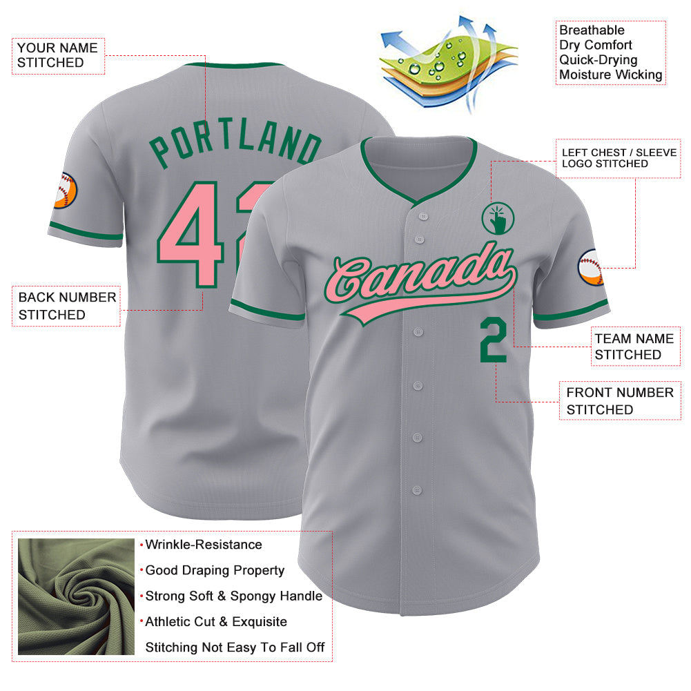 Custom Gray Medium Pink-Kelly Green Authentic Baseball Jersey
