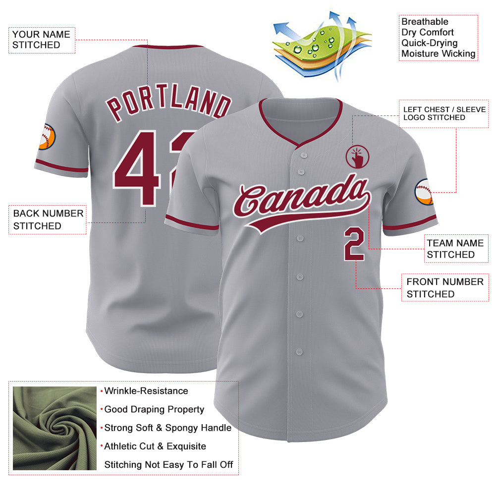Custom Gray Crimson-White Authentic Baseball Jersey