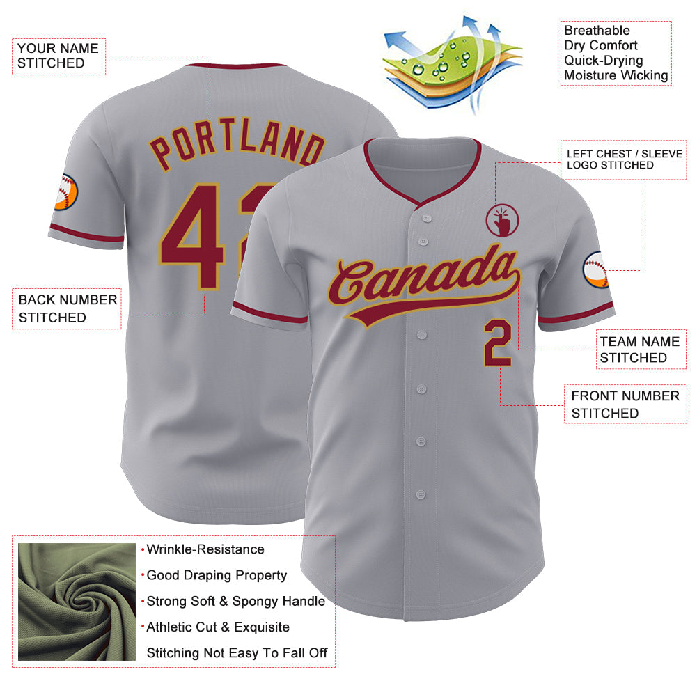 Custom Gray Crimson-Old Gold Authentic Baseball Jersey