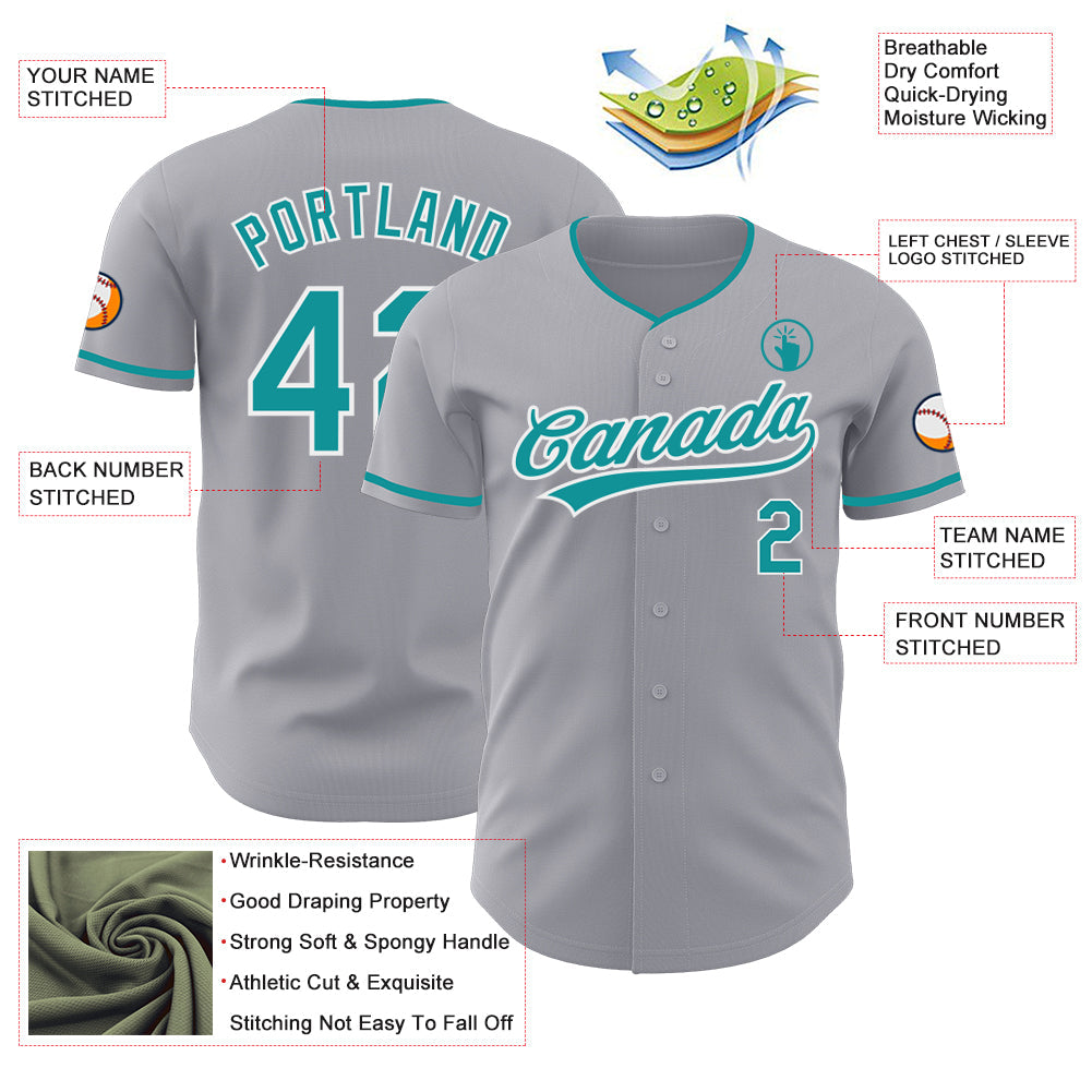 Custom Gray Teal-White Authentic Baseball Jersey
