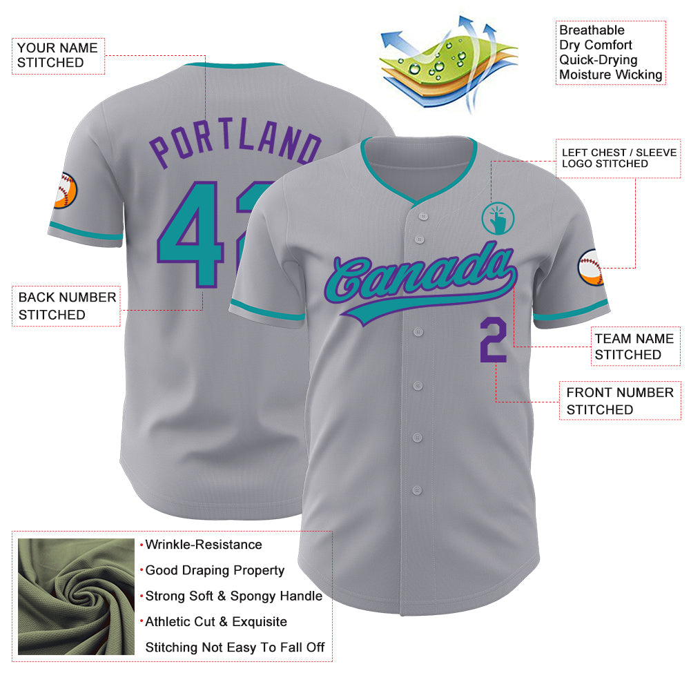 Custom Gray Teal-Purple Authentic Baseball Jersey