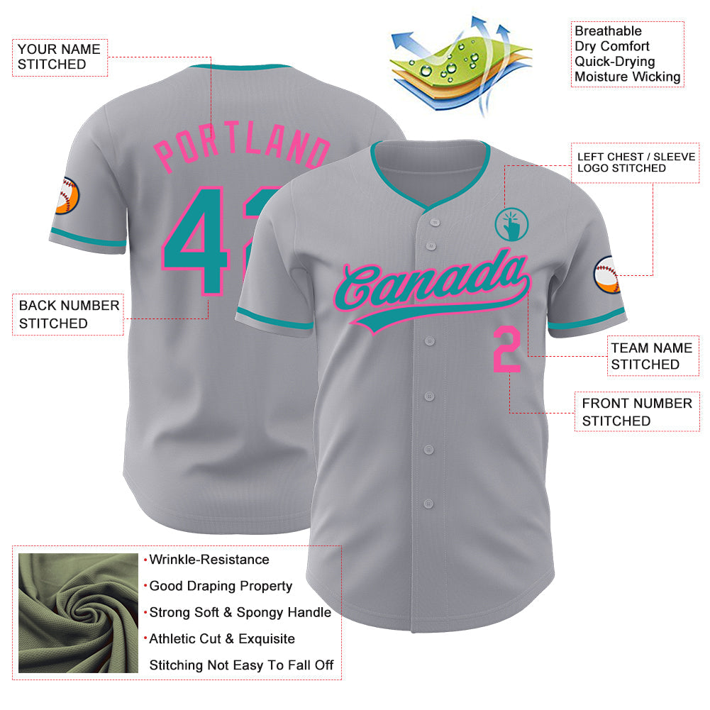 Custom Gray Teal-Pink Authentic Baseball Jersey