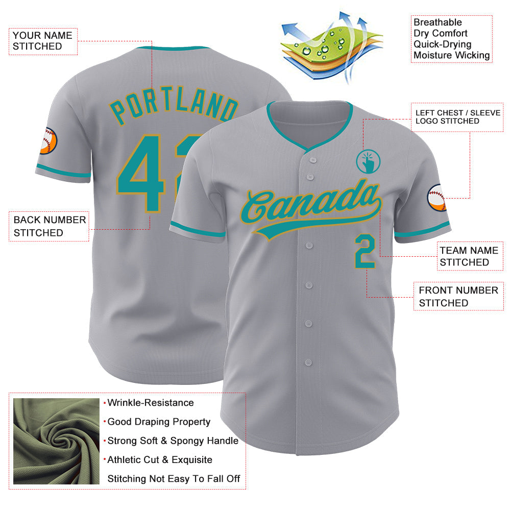 Custom Gray Teal-Old Gold Authentic Baseball Jersey