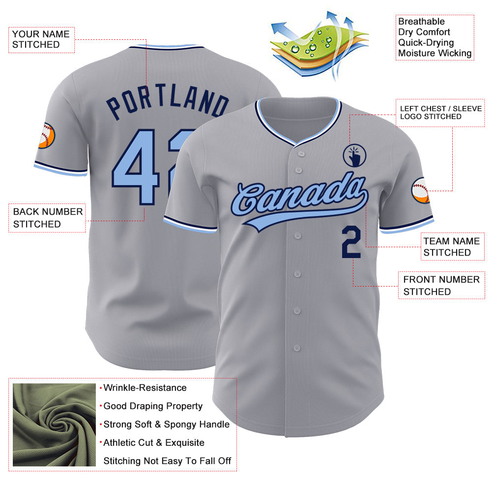 Custom Gray Light Blue Navy-White Authentic Baseball Jersey