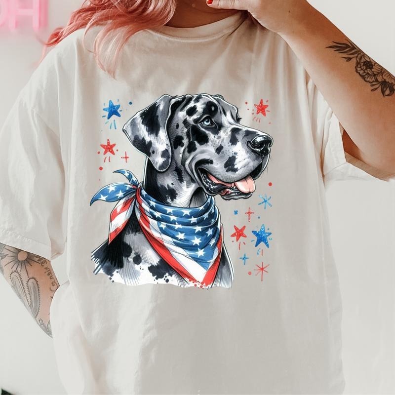 Great Dane Harleiquin Patriotic Dog Shirt ~ Unisex Apparel Relaxed Fit Printed In The USA Clothing Womenswear Casual...