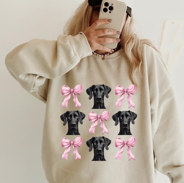 Great Dane with Bows Sweatshirt ~ Sweatshirt Unisex Apparel Relaxed Fit Printed in the USA Clothing Womenswear Casual and...