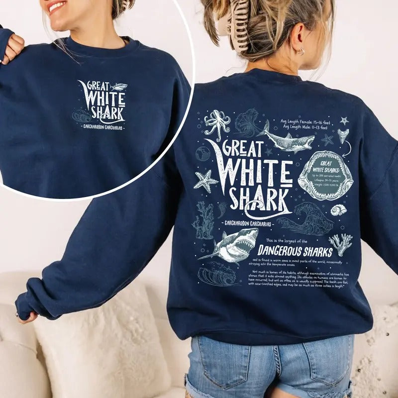 Great White Shark Shirt, Shark Lover TShirt, Sea Animal Lover Gift, Ocean Conservation Tee, Womenswear Ocean Crewneck,...