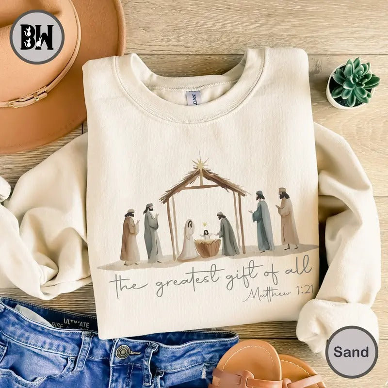 Greatest Gift Of All Sweatshirt, Bow Nativity Coquette Christmas Shirt, Jesus Christmas Shirt, Christmas Shirt Hoodie
