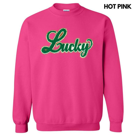 Green LUCKY Chenille Patch Sweatshirt T-Shirts, Hoodie | WearSparks.com