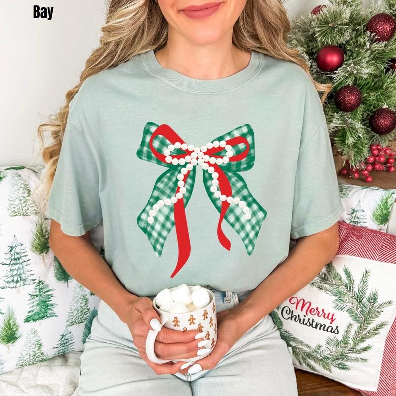 Green Plaid + Pearl Bow Comfort Colors T-Shirt 'NLB' Hoodie, Sweatshirt | WearSparks.com