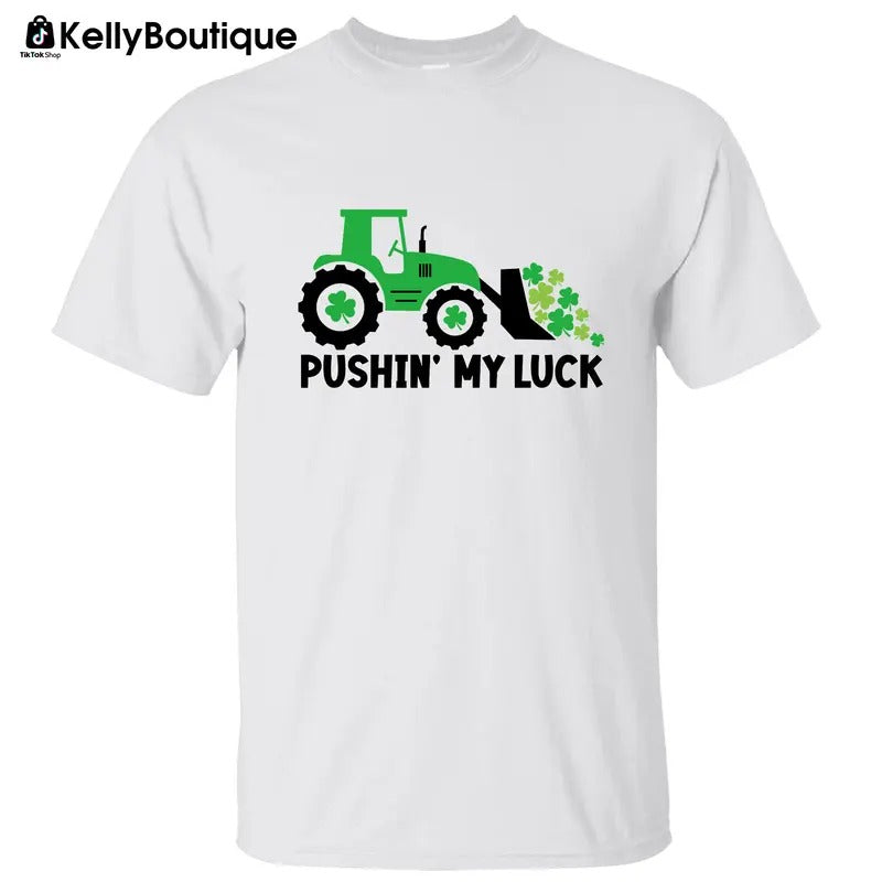 Green Tractor Pushin' My Luck Farming Shirt, Irish Lucky Shamrock St Patrick's Day Graphic Printed Unisex Classic Cotton...