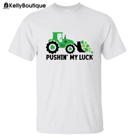 Green Tractor Pushin' My Luck Farming Shirt, Irish Lucky Shamrock St Patrick's Day Graphic Printed Unisex Classic Cotton...