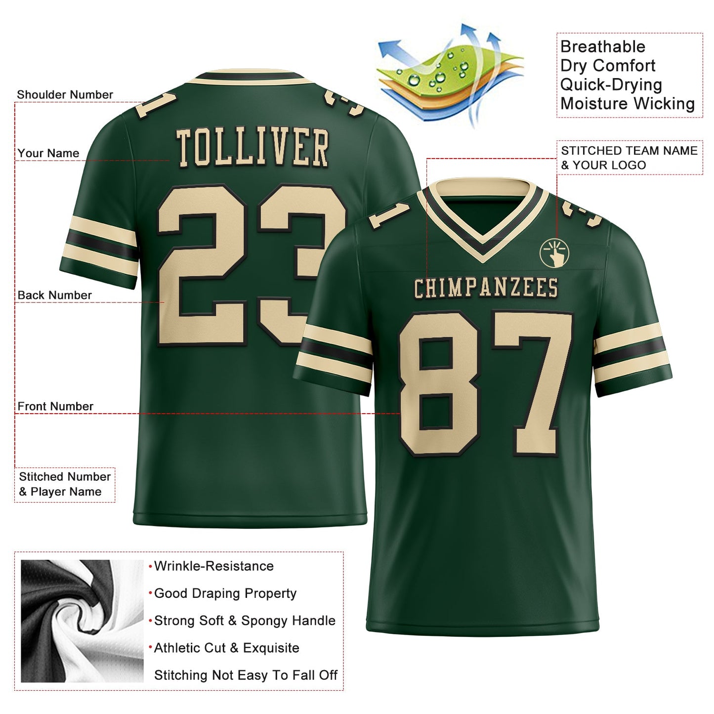 Custom Green City Cream-Black Authentic Football Jersey T-Shirts, Hoodie, Sweatshirt | WearSparks.com (Image 2)