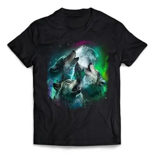 Grey Wolf Howling in the Forest under Full Moon and Aurora, Short-Sleeve Unisex T-Shirt Made in USA Hoodie, Sweatshirt