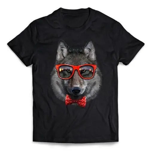 Grey Wolf in Red Retro Sunglass and Bow Tie - Short-Sleeve Unisex T-Shirt Made in USA Hoodie, Sweatshirt | WearSparks.com