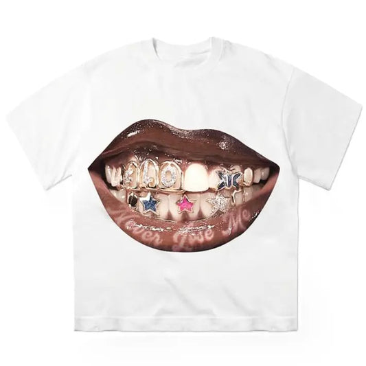 Grillz Lips Graphic T-Shirt, Trendy Smile with Stars and Butterfly Grillz, Bold Teeth Jewelry, Streetwear Tee, Unisex...