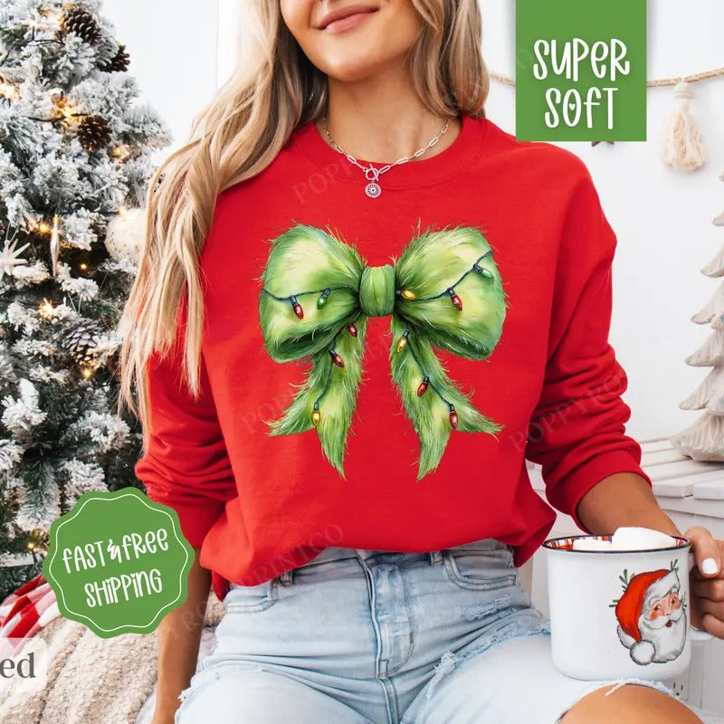 Grinchy Christmas Bow Sweatshirt, Coquette Christmas Sweater, Women's Holiday Crewneck retro christmas T-Shirts, Hoodie