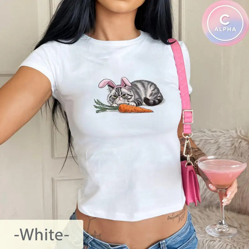 Grumpy Easter Cat Baby Tee, Funny Easter  Cute Cat Bunny Ears Tee Carrot Lover Kitten Shirt Aesthetic Y2K Baby Tee Kitty...