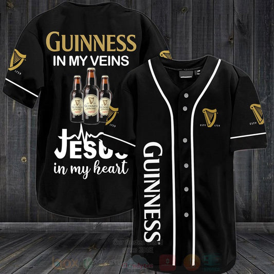 FASHION Guinness Beer In My Veins Jesus Is My Heart Baseball Jerseys Botton Shirt