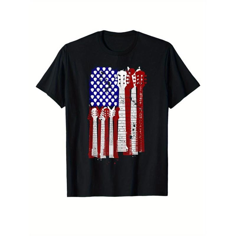 Guitar Print Men's Cotton Graphic T-shirt, Casual Short Sleeve Crew Neck T-shirt, Men's Tee For Outdoor made in...
