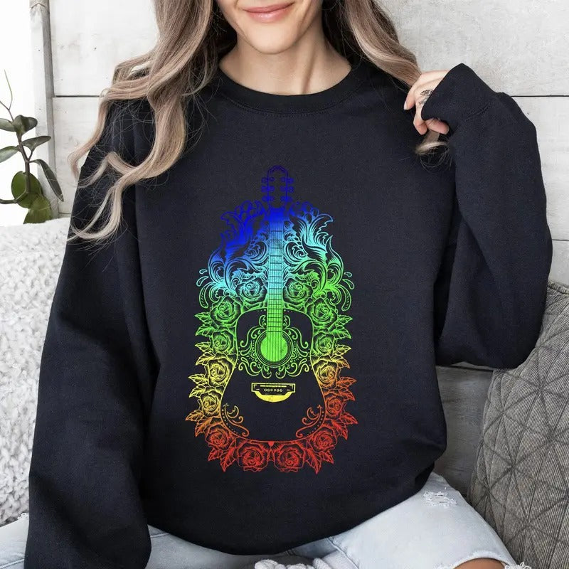 Guitar With Roses, Colorful Sweatshirt T-Shirts, Hoodie | WearSparks.com